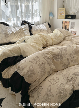 法式蝴蝶床上四件套纯棉全棉新款被罩床笠被套床品床单宿舍三件套