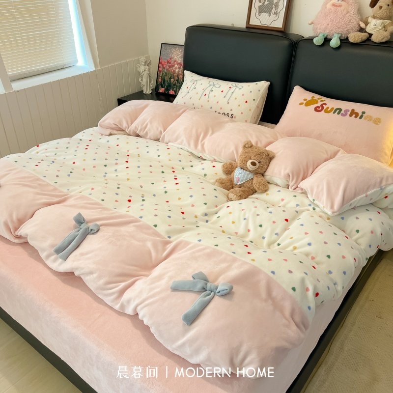 ins风秋冬季牛奶绒蝴蝶结四件套双面床上用品珊瑚绒被套加厚床单4