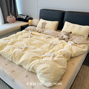 ins立体蝴蝶结加厚牛奶绒兔毛四件套珊瑚绒加厚绒被套宿舍三件套4
