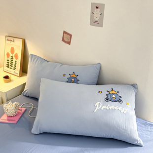 INS水洗棉枕头枕套一对装 纯色蓝色毛巾绣简约单个枕头套48cmx74cm