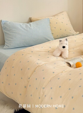 简约风牛奶绒高克重秋冬季四件套珊瑚绒被套加绒加厚款宿舍三件套