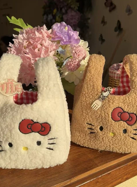 可爱秋冬Kitty猫咪手提包羊羔毛手腕包格子包卡通上班通勤小拎包