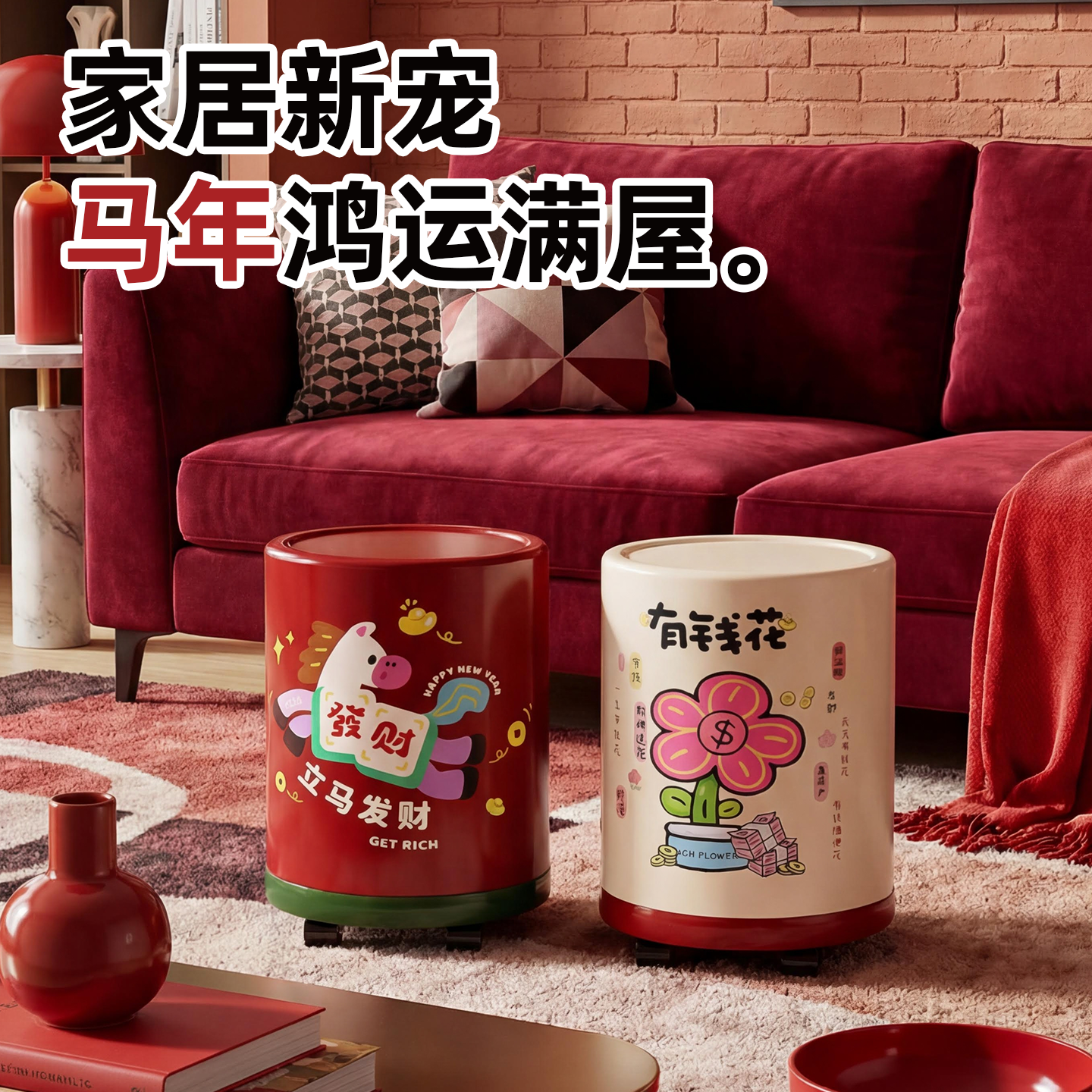 新年发财有钱花垃圾桶内外双桶可移动高颜值创意厕所卧室纸篓桶,家庭/个人清洁工具,垃圾桶,淘宝优惠券,粉丝福利购,淘宝优惠卷