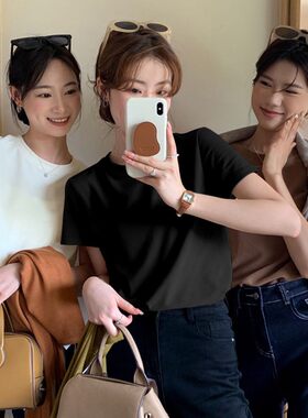 韩版微胖女生穿搭修身正肩大码短袖纯色女装棉上衣高弹力T恤女ins