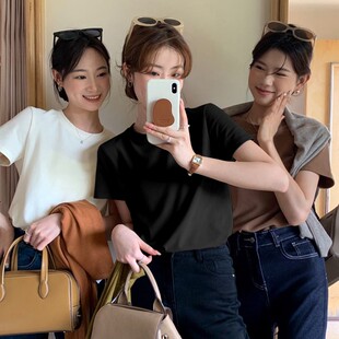 韩版微胖女生穿搭修身正肩大码短袖纯色女装棉上衣高弹力T恤女ins
