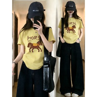 2026爆款 t恤女春装 马印花胖MM遮肚子圆领上衣 短袖 姜黄色正肩大码