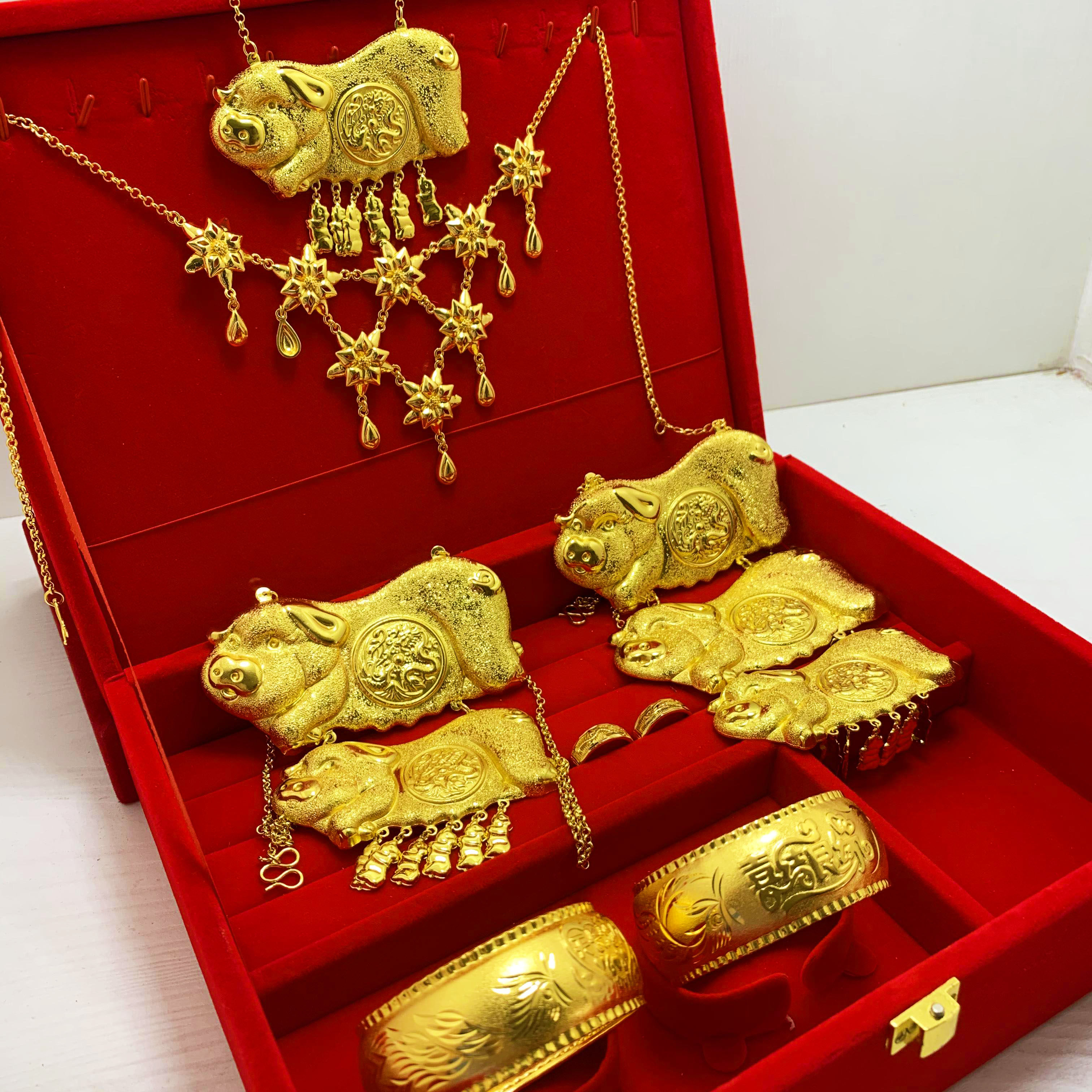 秀禾服配饰花链结婚猪牌黄金色龙凤猪多仔项链镀金不掉色新娘嫁妆