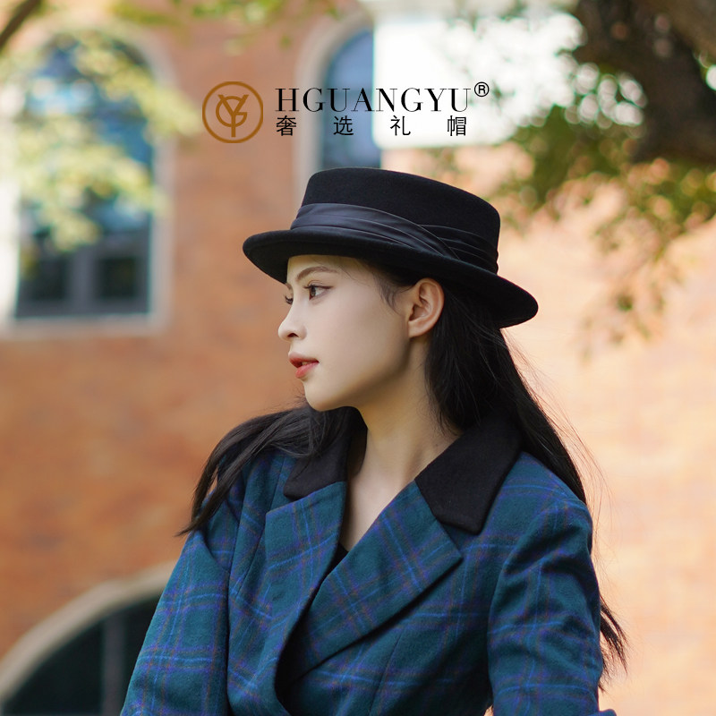 平顶礼帽羊毛呢优雅女秋冬卷檐