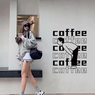 coffee英文鞠躬欢迎搞笑小人图案咖啡店墙壁贴橱窗玻璃门装饰贴纸