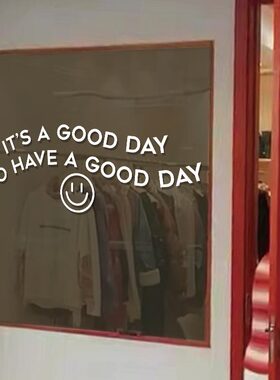 美好的一天 ins风白色英文贴纸波浪极简玻璃门橱窗店铺装饰贴防撞