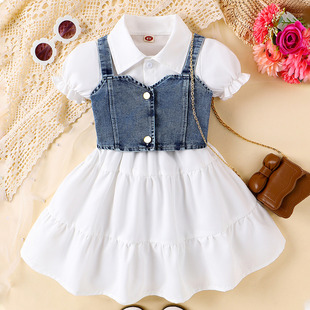 女童外贸连衣裙2025新款儿童洋气泡泡袖衬衫+牛仔吊带时髦宝宝裙