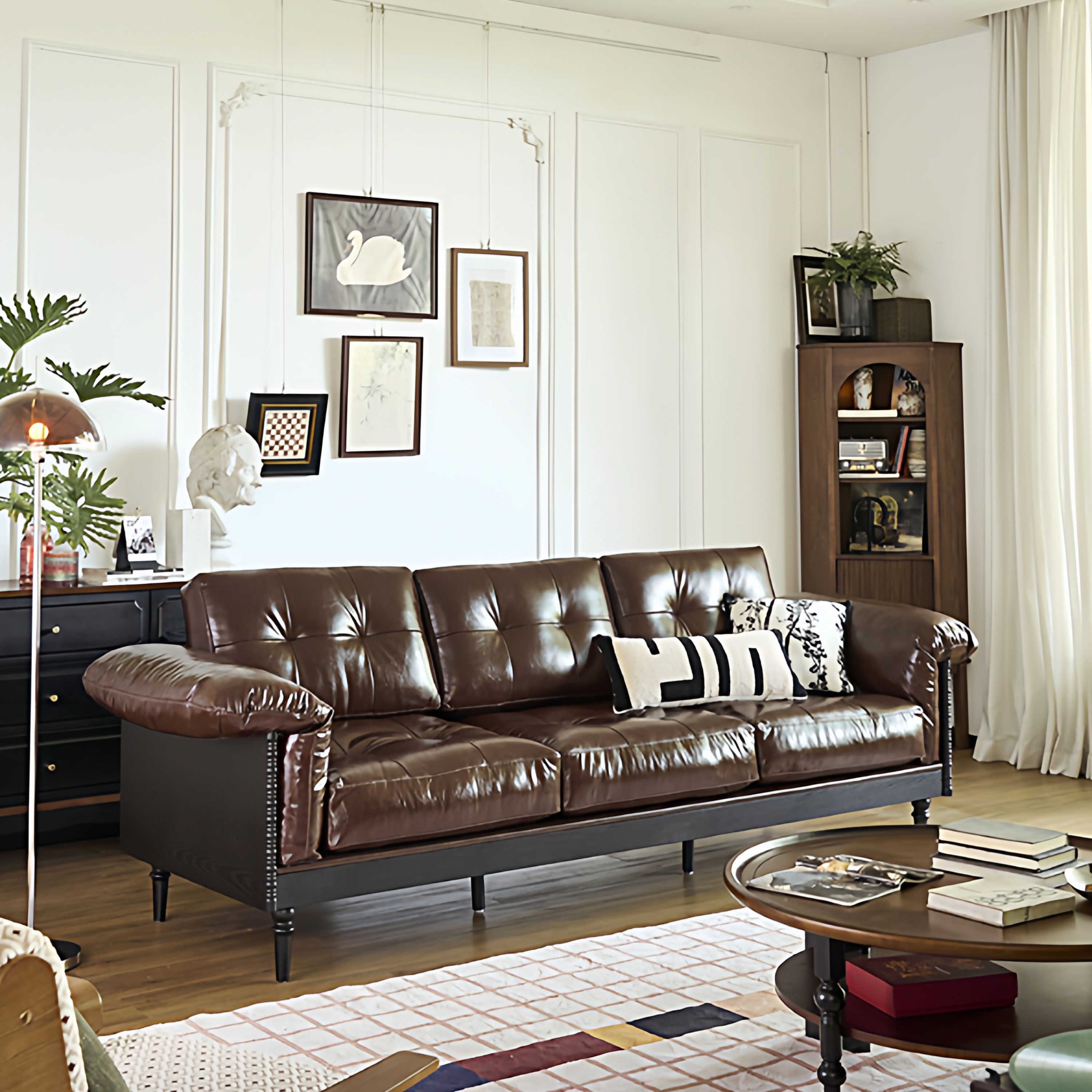 法式复古实木皮艺沙发小户型家用客厅中古风直排三人沙发茶几组合,住宅家具,皮艺沙发,淘宝优惠券,粉丝福利购,淘宝优惠卷