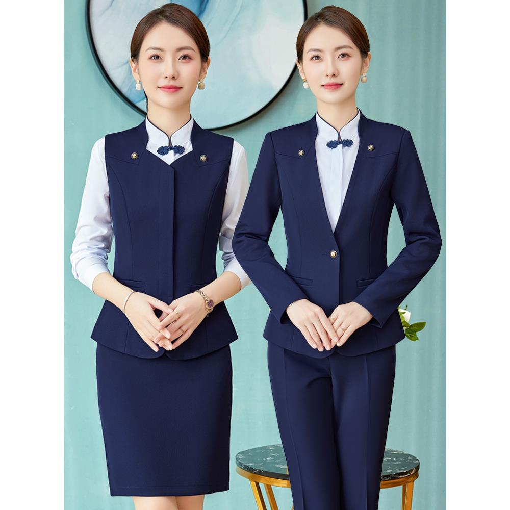 酒店前台接待工作装中式餐饮服务员工作服秋冬高端职业西服套装女