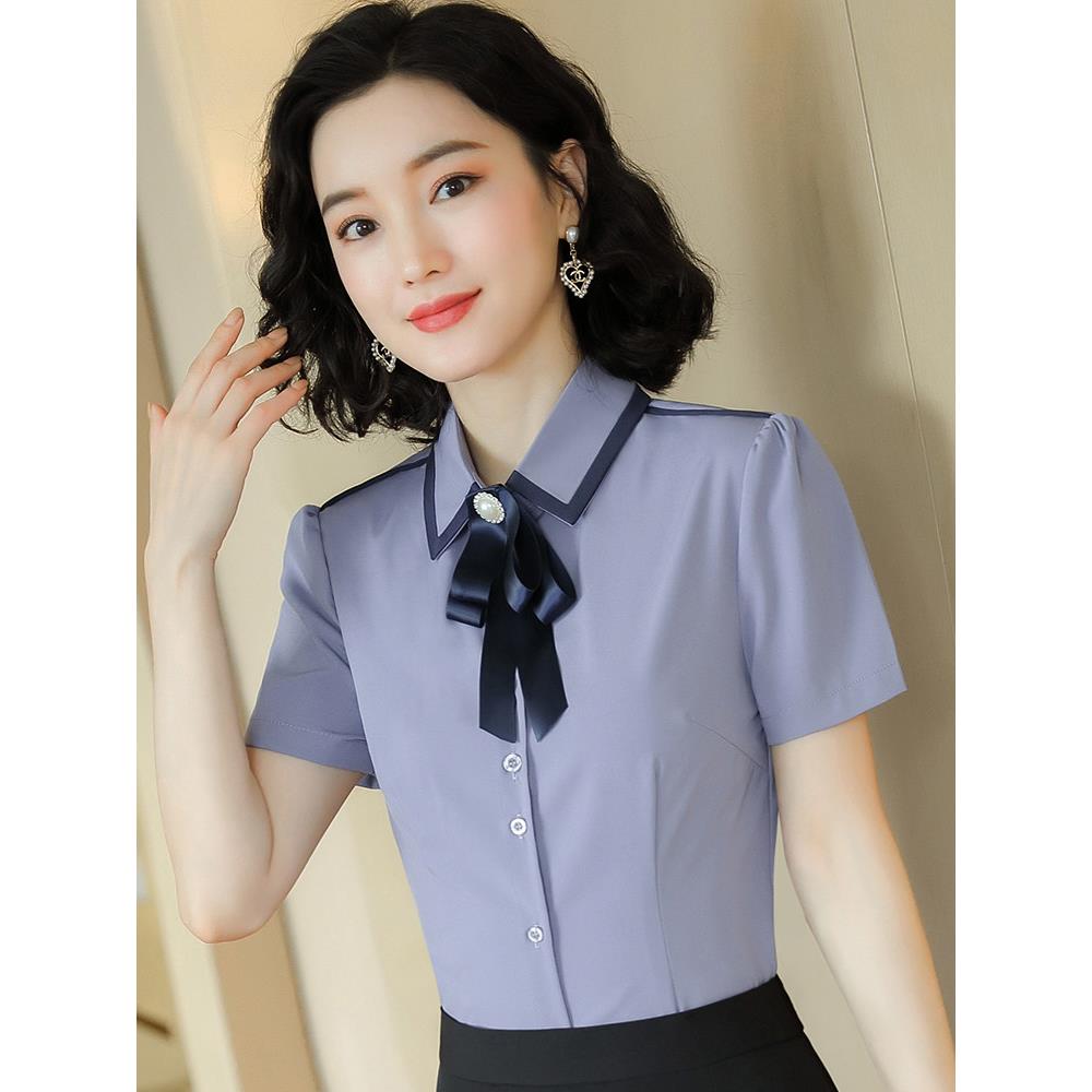衬衫女夏薄款短袖新款正装ol修身气质领结职业衬衣工作服工装上衣