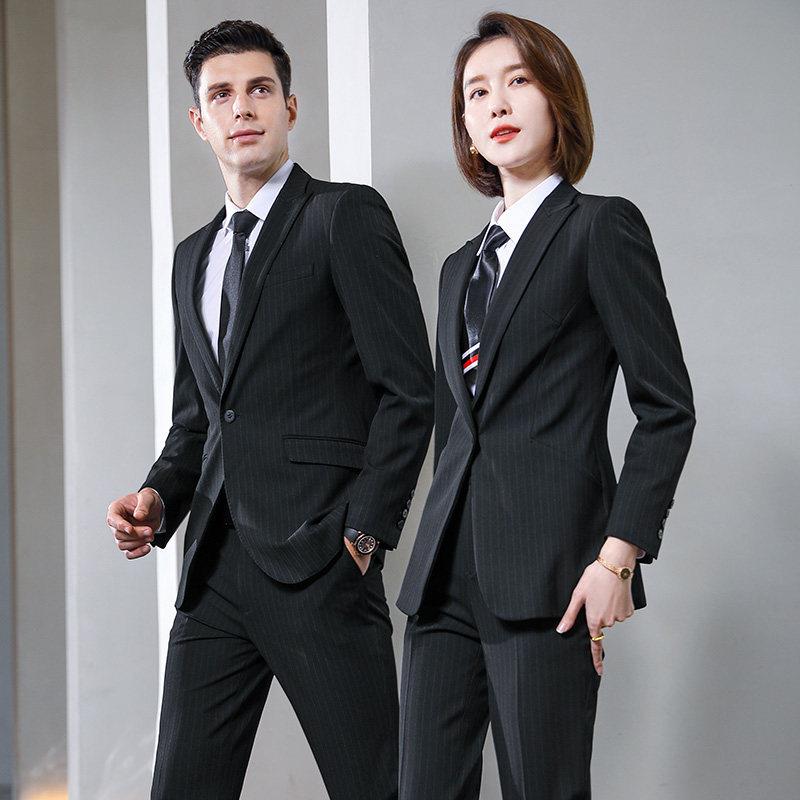 黑色条纹西装三件套男女秋冬免烫职业正装办公室工作西服定制logo