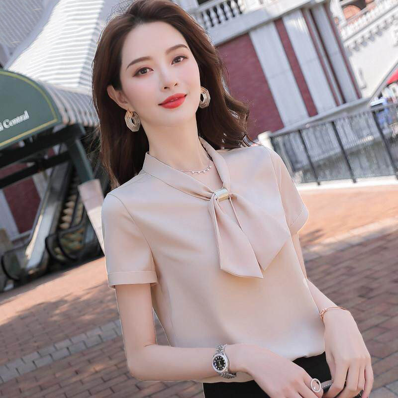 遮肚子雪纺衫女夏短袖2026新款通勤套头修身职业工装衬衣洋气小衫