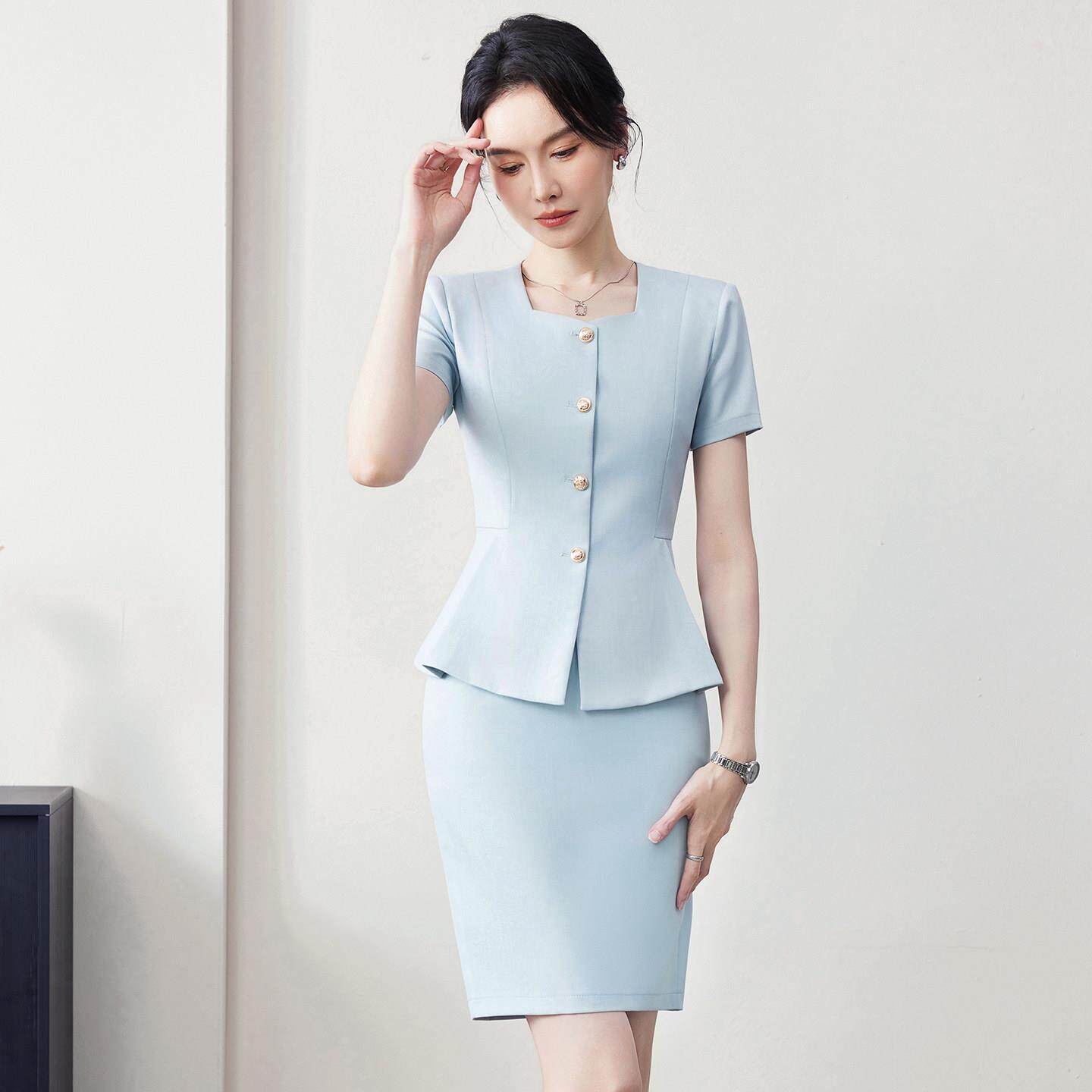 时尚西装套装女夏季薄款短袖职业装气质方领轻医美美容院师工作服