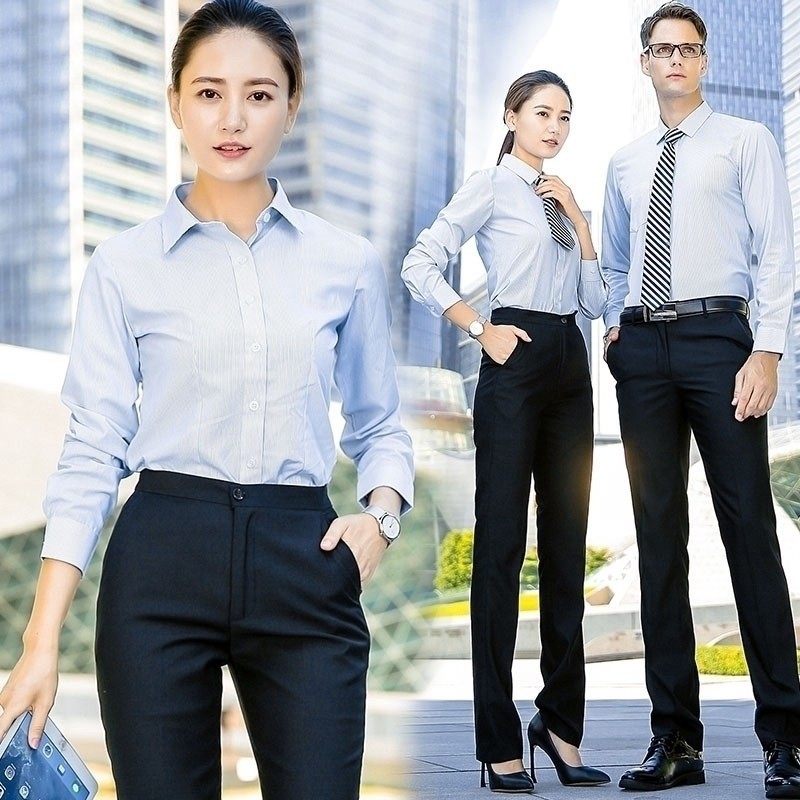 条纹职业衬衫女长袖秋冬显瘦商务男女同款银行制服销售工作服套装