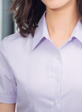 紫色细条纹衬衫女银行工作服短袖夏季职业大码半袖工装女士衬衣棉