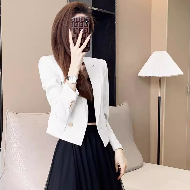 白色短款西装春秋款外套女2025新款小众设计感修身小个子休闲西服