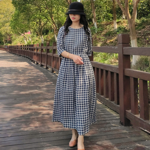 有柳293棵/夏季新款亚麻色织格子连衣裙文艺棉麻宽松腰带中长裙女