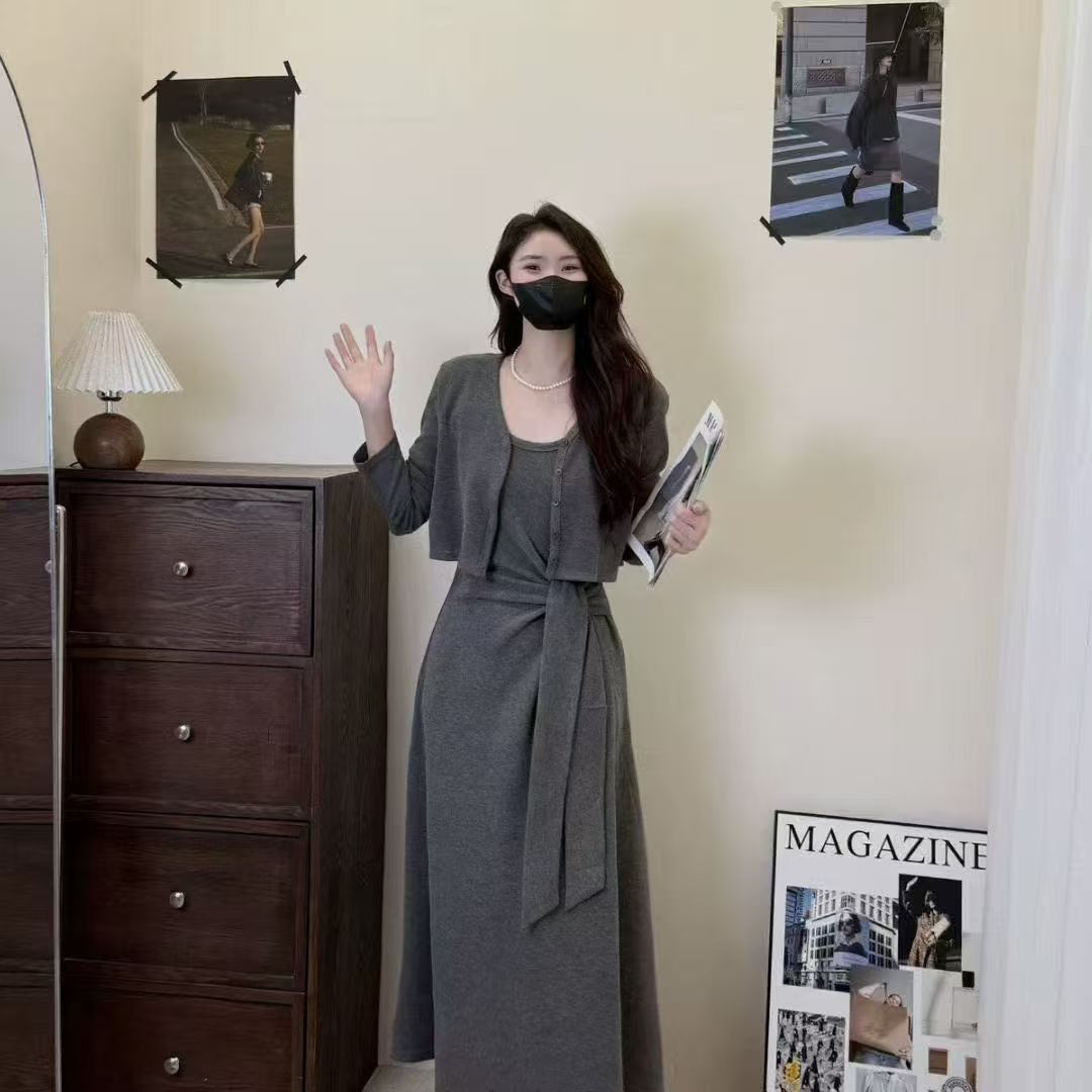 2025春秋新款气质套装女韩系绑带收腰吊带连衣裙+开衫外套两件套