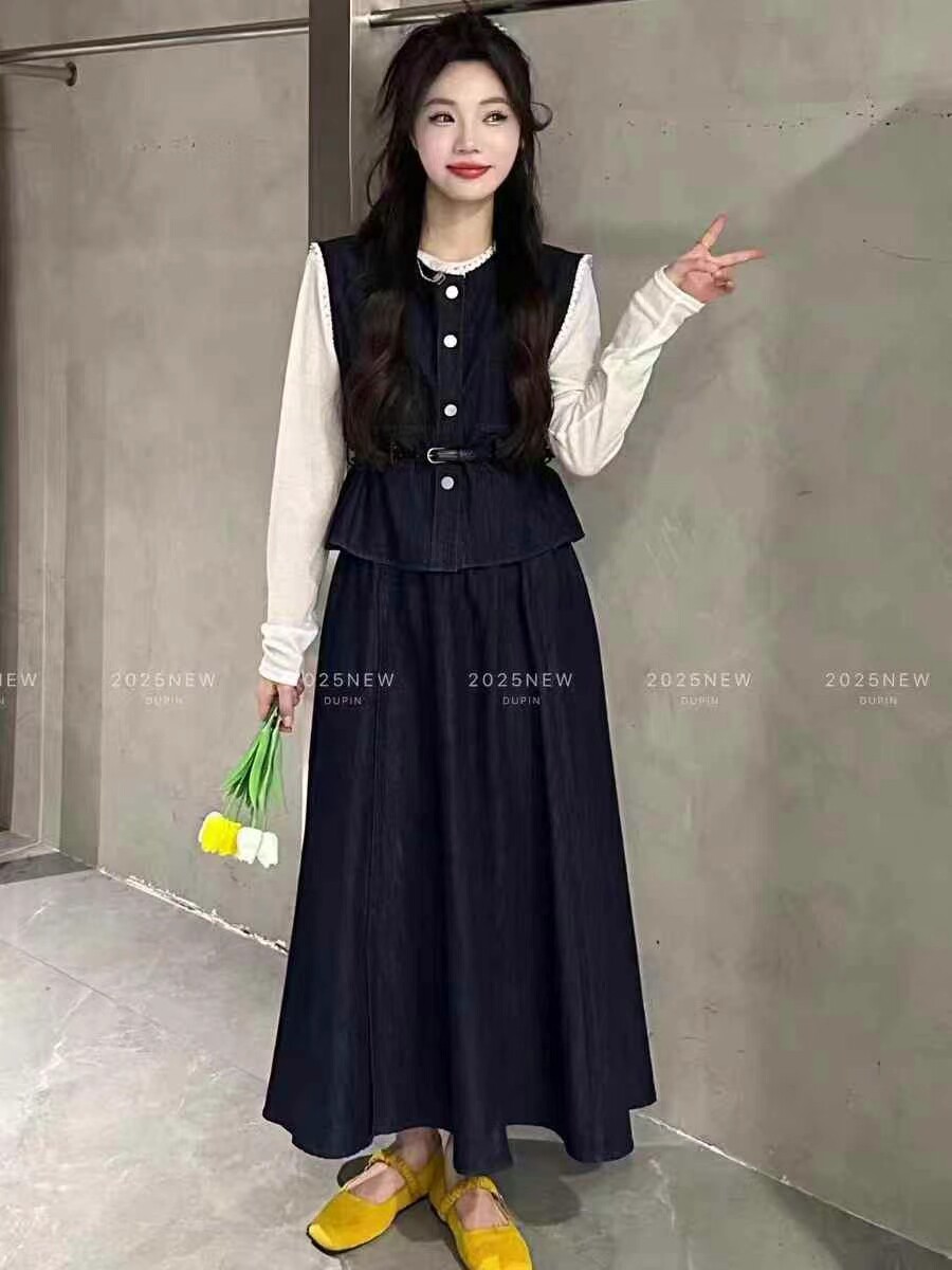 2025春夏新款高级感套装裙女配腰带牛仔马甲+打底衫+半身裙四件套