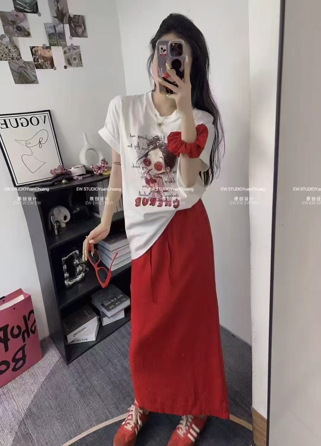 2025夏季新款时尚套装女卡通印花短袖T恤+半身裙减龄两件套女潮