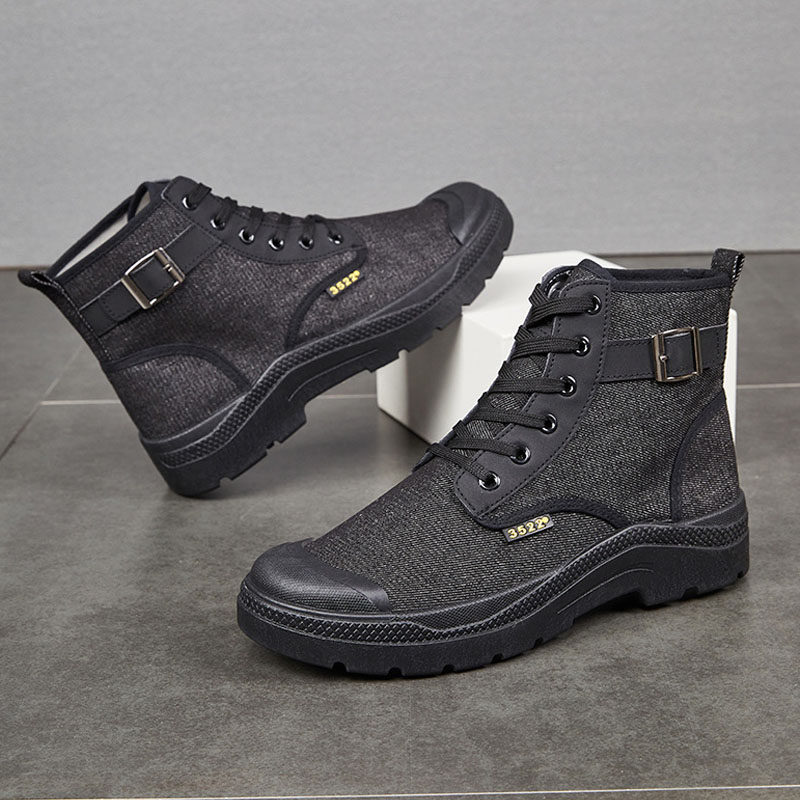 黑色工装鞋男鞋2025秋冬季马丁靴男靴高帮帆布鞋防滑耐磨登山鞋子