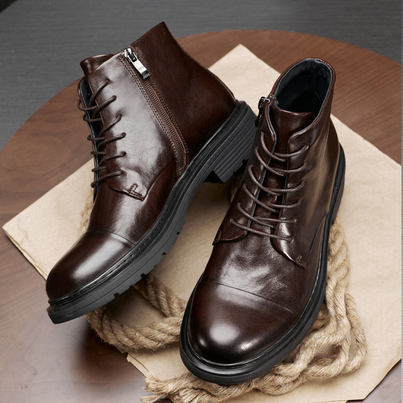 男士皮靴2025秋冬季牛皮复古马丁靴时尚百搭高帮靴子圆头户外男靴
