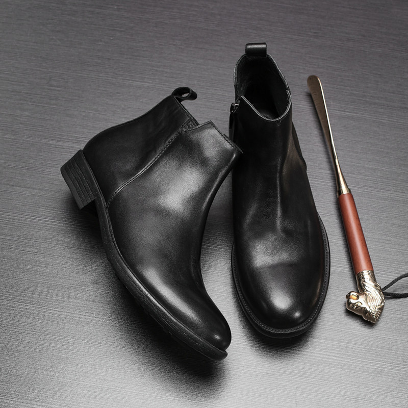 男士马丁靴中帮青年黑色短靴休闲商务拉链靴子潮户外圆头切尔西靴