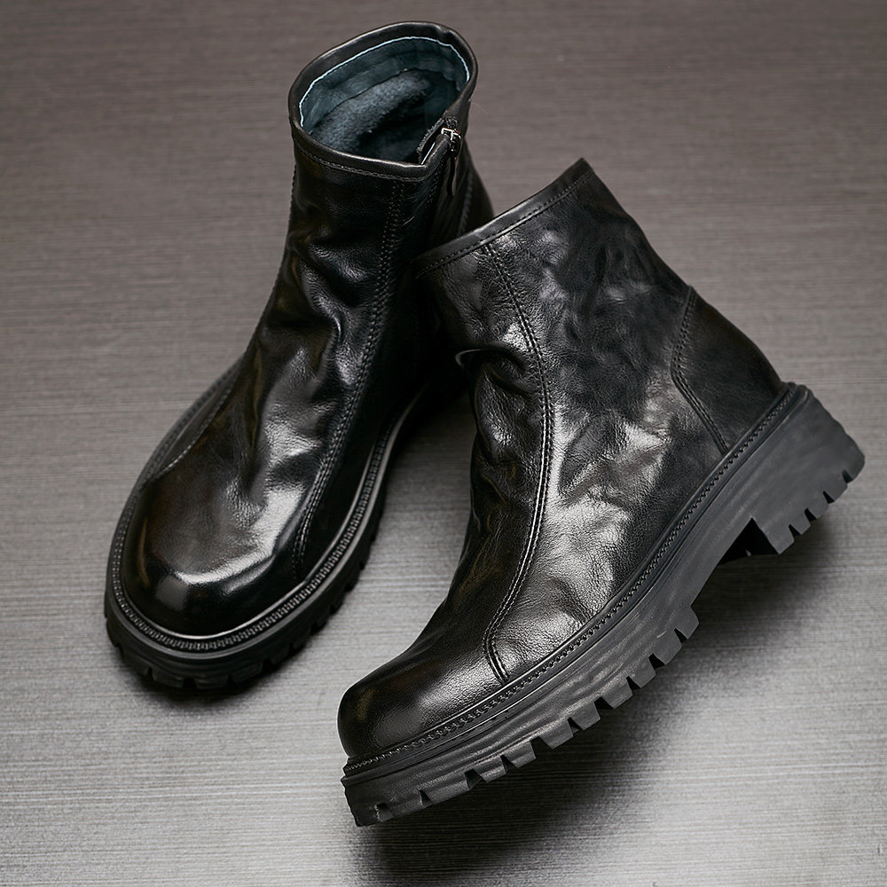 男靴秋冬真皮厚底休闲工装靴拉链高帮时尚黑色皮靴时尚户外马丁靴