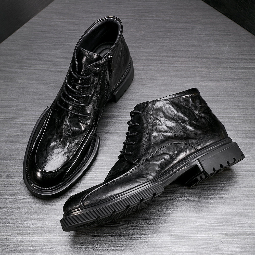 胎牛皮男靴加绒高帮鞋黑色时尚工装靴厚底短靴圆头靴子机车马丁靴