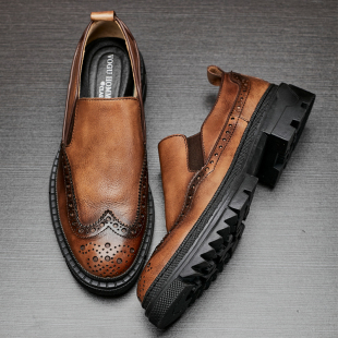 真皮时尚 透气布洛克鞋 厚底套脚休闲商务鞋 皮鞋 鞋 秋季 圆头工装 男士