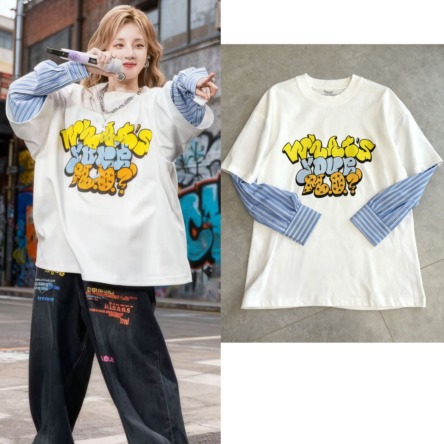 宋雨琦演唱会同款白色假两件T恤2025春秋新款ovrsze宽松上衣2025