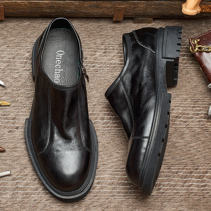 复古休闲皮鞋男套脚英伦风时尚厚底男士百搭真皮套脚商务单鞋E76