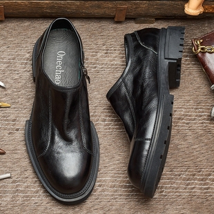 百搭真皮套脚商务单鞋 厚底男士 E76 男套脚英伦风时尚 复古休闲皮鞋