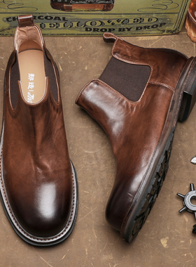 英伦时尚切尔西靴男复古皮靴厚底百搭冬季真皮潮圆头高帮靴E320