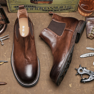 英伦时尚 真皮潮圆头高帮靴E320 切尔西靴男复古皮靴厚底百搭冬季