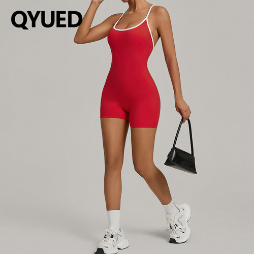 撞色交叉细肩带提臀连体瑜伽服女