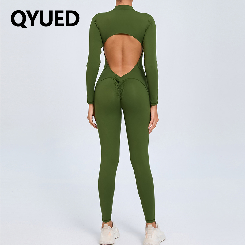 欧美露背镂空长袖裸感瑜伽连体服