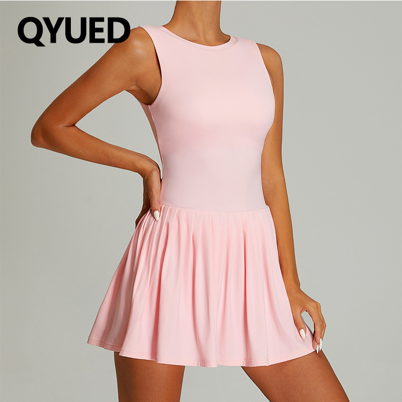 歐美圓領云感運動連衣裙女彈力