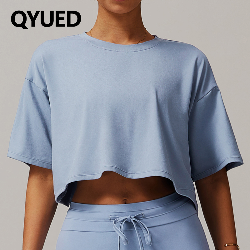 夏季欧美磨毛运动短袖上衣舒适圆领短款T恤健身跑步瑜伽服罩衫女