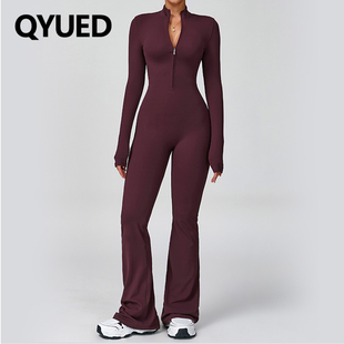 欧美跨境拉链云感瑜伽连体服女长袖健身运动一体紧身衣微喇裤塑性