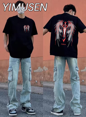 潮牌痞帅大翅膀纯棉短袖男女高街2025夏季新款oersize美式五分袖