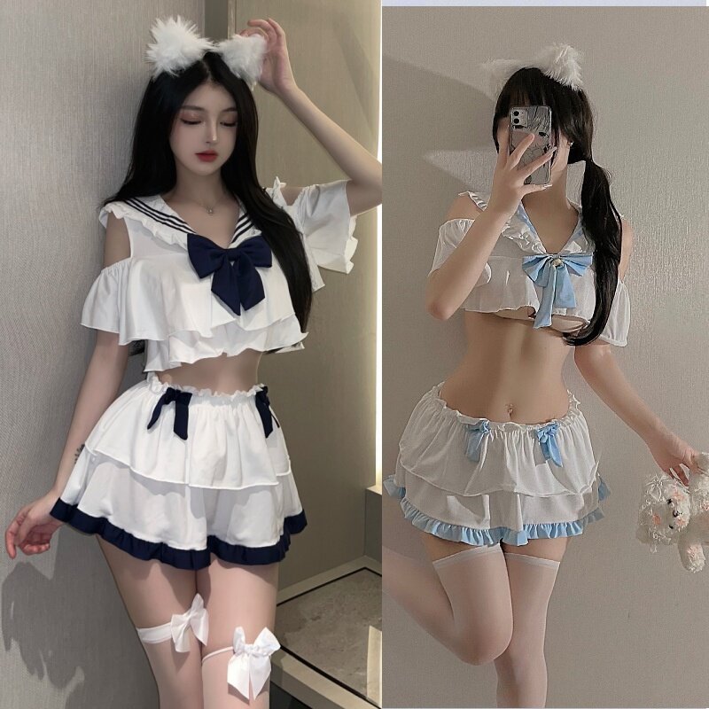 可爱学生装jk制服百褶超短裙蛋糕裙女水手服露肩免脱纯欲趣味睡裙