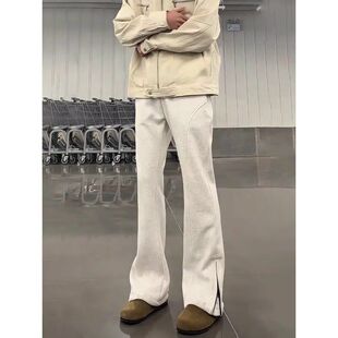 白灰色弯刀卫裤男款春夏美式侧边拉链微喇裤子直筒斜切休闲长裤潮