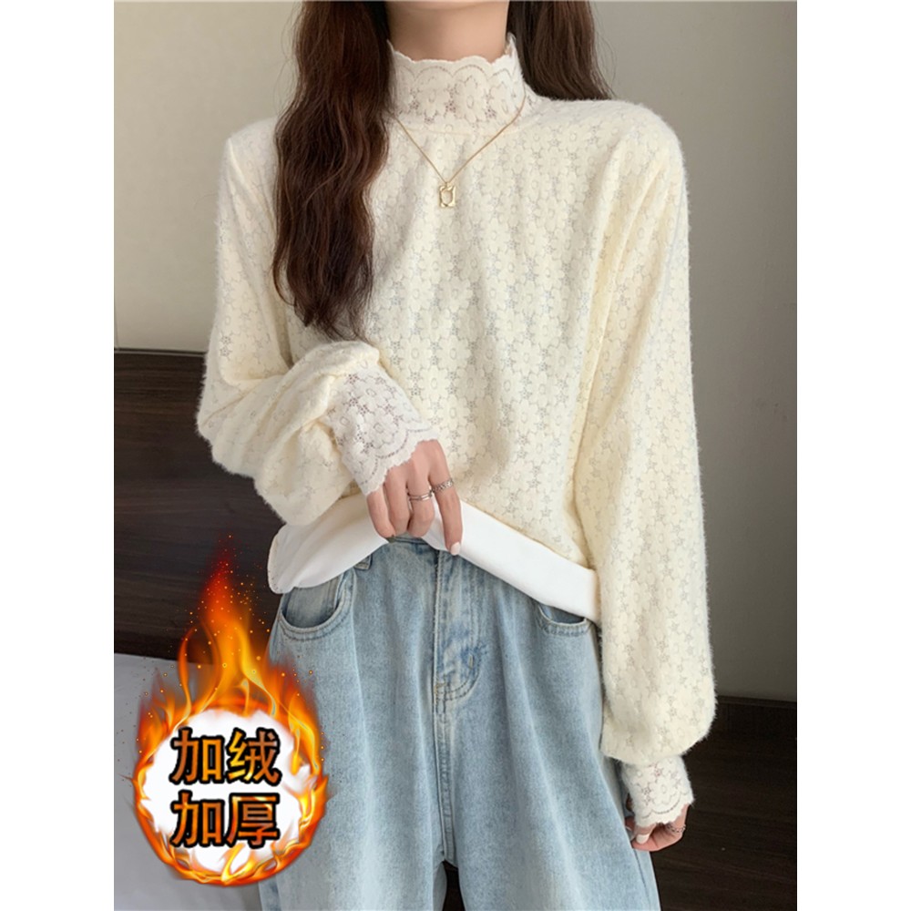 半高领磨毛打底衫女秋冬加绒加厚大码胖mm设计感蕾丝钩花长袖上衣