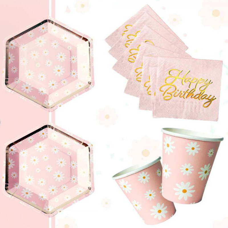 一次性粉色花朵纸杯生日派对聚会野餐装用9OZ花朵纸杯纸盘纸巾