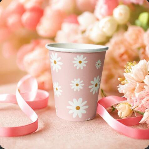 一次性粉色花朵纸杯派对聚会野餐装用9OZ花朵纸杯8个装